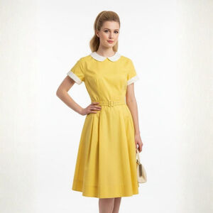 Jones Vintage Yellow & White Collared Short Sleeve Dress - Size 8 (Vintage)